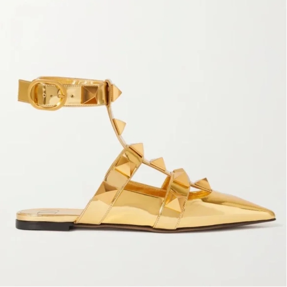 NWT Auth Valentino - Roman Stud Metallic Leather Point-Toe Flats - Gold
